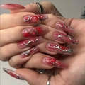 Uñas postizas largas coffin con degradado rojo y líneas fluidas plateadas 3D - Estilo 3D Líneas Plateadas Ombré Rojo (JP3544)
