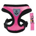 Pink breathable mesh pet harness and leash set with durable metal buckle on white background - Rose Red