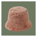 Brown faux fur bucket hat with bear ears on a solid olive green background - Leather Label Rabbit Fur Style Bucket Hat - Khaki
