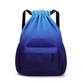 Detail of blue gradient drawstring backpack showing front zip pocket and durable nylon texture - Cyan-Blue Gradient
