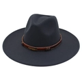 Exotic wide-brim felt fedora with ethnic brown band and feather pendant detail - Adult (57-60cm) / Dark Grey Heart (Gold Feather)