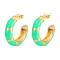 Minimalist gold-plated stainless steel C-shape earrings with green enamel coating - Green