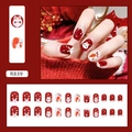 Uñas postizas cortas burdeos con diseños festivos de conejos blancos y copos de nieve - R839 Lindo Conejo (Estilo De Pegamento)