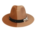 Close-up of dual-tone wool felt fedora with pearl and floral metal accents on black ribbon - Khaki Camel With Pearls