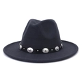 Detail of dark grey wool fedora with black leather belt and silver metal studs decoration - Dark Gray