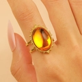 Vintage gold open ring featuring a large oval amber stone with beaded edge detailing - 1918k Pure Gold Double-layer Orange 7306