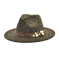 Side view of a leopard print wool felt fedora hat with pearl and flower accents - M(56-58cm) / Army Green