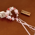 Pink berry flower headband for girls with long sheer ribbons and beaded chain detail - Peach Fruit with Ribbon