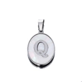 Macro view of oval letter Q pendant featuring white mother of pearl and silver steel frame - Steel Letter Q