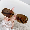 Y2K futuristic gold metal sunglasses with brown lenses and hollow vintage frame - Gold Frame Tea Lens
