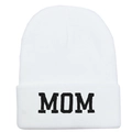 White cuffed knit beanie with black embroidered MOM text for winter warmth - MOM / White
