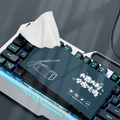 Gaming themed single-pack cleaning wet wipe placed on a white RGB mechanical keyboard - Gaming Cafe Cleaning Style / Dark Blue
