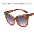Cat eye glasses featuring leopard print top with transparent red bottom and grey lenses - Upper Leopard Lower Red / Gradient Grey