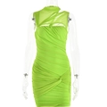 Vestito attillato verde neon sexy con inserti in mesh trasparente e dettagli arricciati - L / Verde