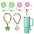 Stanley cup accessories set with floral silicone straw covers and butterfly metal chain charms - Pink Green Flower Set