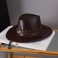 Detail of vintage brown leather cowboy hat with turquoise emblem on woven band - Adult (55-60cm) / Dark Red