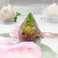 Pyramid resin crystal ornament with green glitter Christmas tree and brown gravel base - Labradorite Sequins