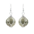 Detailed view of handmade silver wire-wrapped tree of life earrings with natural green stone - Flash Stone (Labradorite)