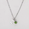 Silver stainless steel Gemini necklace with a round green gemstone pendant - Silver-Gemini