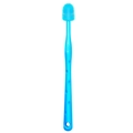 Close-up of bright blue silicone pet toothbrush with dense soft bristles and ergonomic handle - Single Pack / Blue