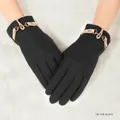 Midnight Black winter gloves for women with golden metal buckle and windproof fleece lining - DY40 Series-Horsebit Buckle Decor / Matte Black