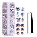 12-grid box of aurora nail crystals with dotting pen and stainless steel tweezers set - Blue Moonlight with Tweezers & Pen (ZSHZ-213 with Tools)