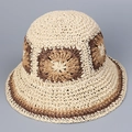 Detail of hand-woven straw hat showing beige and brown crochet flower patterns on brim - Beige and Coffee
