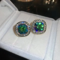 French vintage square stud earrings with blue-green gradient crystals and gold rim - Square Style (Silver Needle Rhinestone Square Studs)