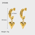 Tableau des tailles pour boucles d'oreilles cœur en acier plaqué or 14k avec mesures - Style Charme Coeur en C (DYE406)