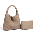 Handwoven khaki tote bag and matching zippered pouch set in high-quality texture - Wood Color
