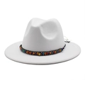 Classic white wool felt fedora hat featuring colorful bohemian beaded band decoration - L(58-60cm) / White