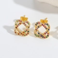 Golden square earrings with colorful zircon stones in a minimalist hollow geometric style - Oval (ES2748-5)
