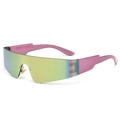 Futuristische randloze zonnebril met geel-blauwe glazen en metallic roze pootjes - Paars Frame Roze Glazen