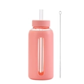 Pink silicone sleeve glass water bottle 800ml with time markers, straw and cleaning brush - Light Pink