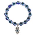 Elastische blauwe boze oog kralenarmband met uil hanger en zilveren metalen tussenstukjes - Uil Zilver 3679