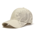 Beige baseball cap with grey Chinese dragon embroidery and textured brim design - Beige