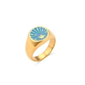 Vintage 18k gold plated stainless steel signet ring with blue planet enamel design - Sky Blue