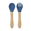 Blue silicone baby spoon and fork set with natural wooden handles for infant feeding - Wooden Handle Spoon and Fork Set / Dark Blue