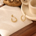 Detailed view of 18K gold plated C-shaped bead earrings on a wooden jewelry tray - C-Shape Beaded Hoop (ZHE487金)