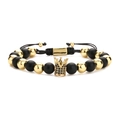 Men's adjustable braided bracelet featuring matte black beads and a gold micro-pave crown - Copper Beads + Frosted + Crown