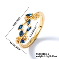 Blatt-Design offener Ring mit blauen Markis-Edelsteinen und Größenangaben im Bild - Goldton mit blauem Zirkonia