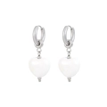 Elegant silver steel hoop earrings with white heart pearl pendants for women - Silver Hoop White Heart Drop Earrings (E1521-W)