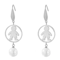 Silver stainless steel long drop earrings with hollow boy charms and white pearls - Silver Boy (KE79989-GC)