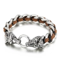 Men's double wolf head braided leather bracelet with silver stainless steel chain link - Brown Silver Wolf Style (KB43514-D)