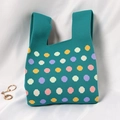 Polka dot knitted tote bag in peacock green with colorful yellow and purple spots - Rainbow Polka Dots Turquoise Blue