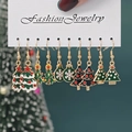 Christmas themed alloy earrings set with snowman and snowflake designs on card - Style 37 (5 Pairs Set)