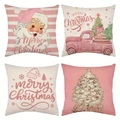 Set of 4 square pink Christmas pillow covers with Santa and truck patterns - Pink Santa Mix