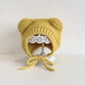 Knitted yellow baby winter hat with cute bear ears and chin straps on a white stand - Ginger Small Ears - Not Lined
