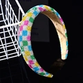 Detailed view of colorful rhinestone headband with checkered pattern and non-slip lining - 3cm Checker Rhinestone Padded Headband [Blue Colorful]