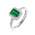 Silver 925 adjustable ring with emerald-cut green gemstone and halo diamonds - R12417 Emerald 5*7mm (With Certificate & Box) / Adjustable Open